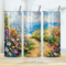All sides of tumbler showing floral beach scene with vivid flowers and ocean waves
